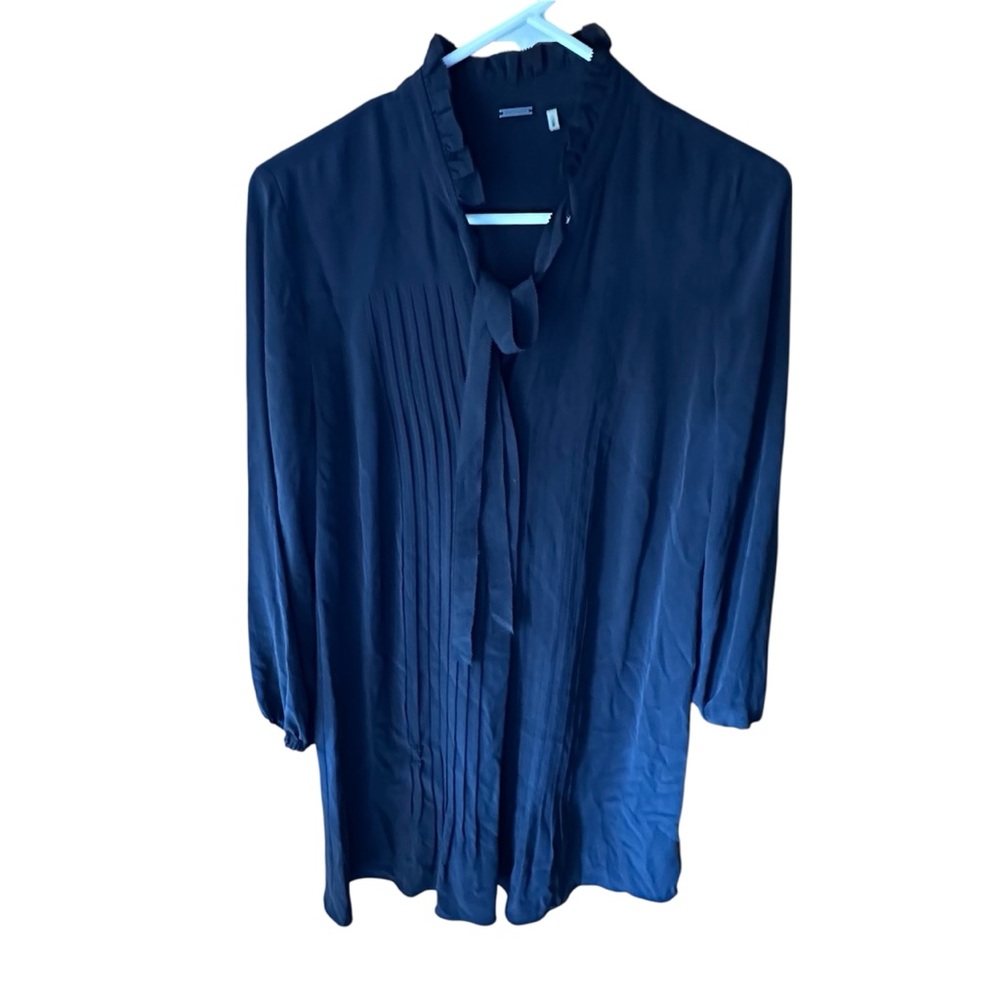Elie Tahari Blue Mandarin Collar Tie Front silk dress